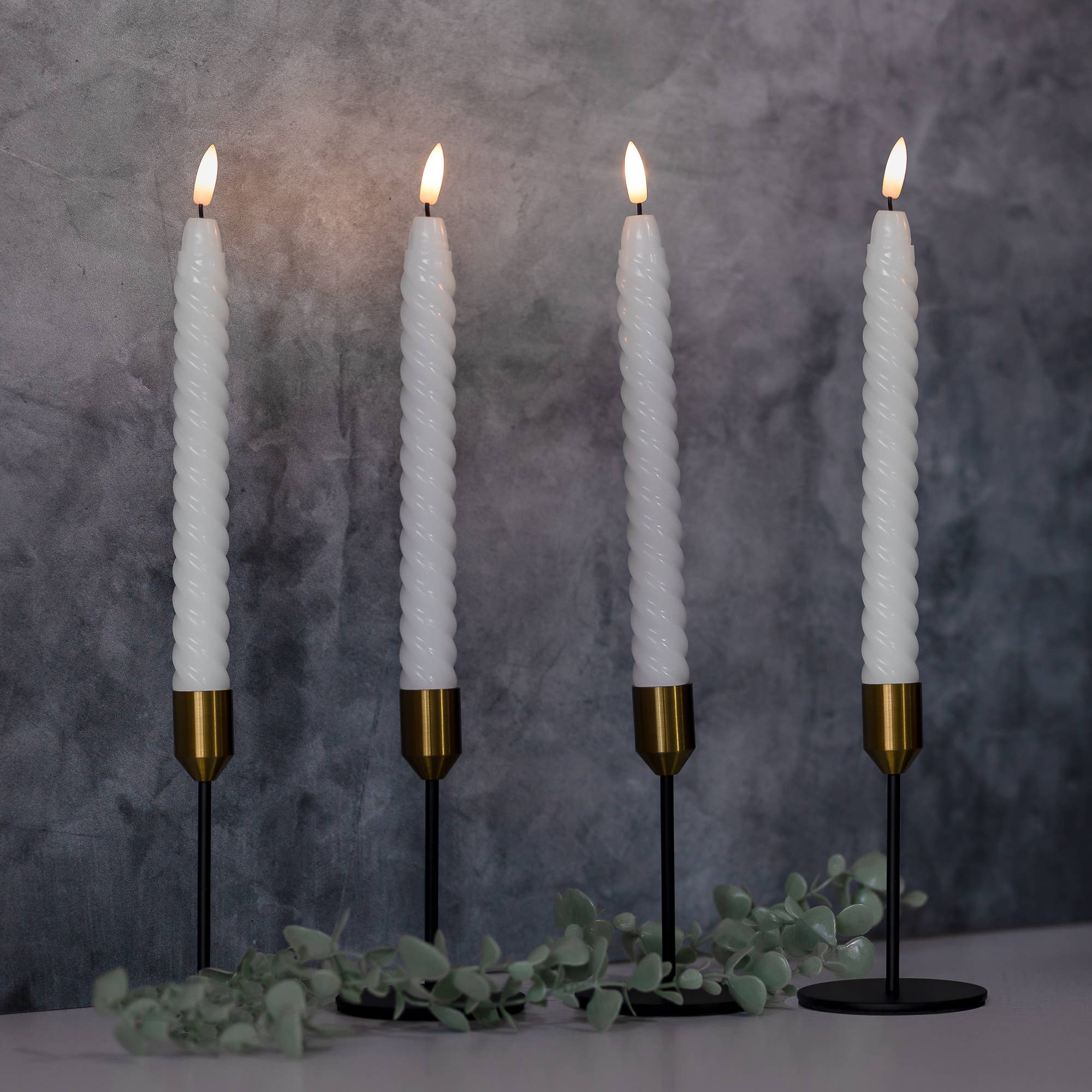 Battery- Operated 3D Wick Flame Wax Tapers- White Twist, 4ct