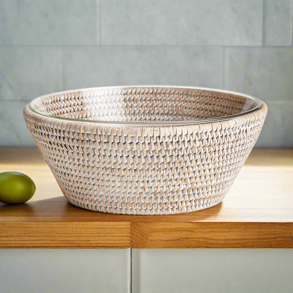 Burma Rattan Serving Bowl 10.75", Whitewash