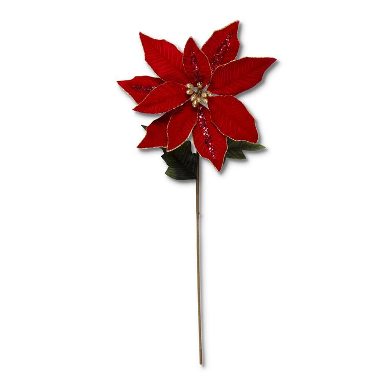 Red Velvet Poinsettia Stem w/Sequins Gold Trim & Center - 30 Inch