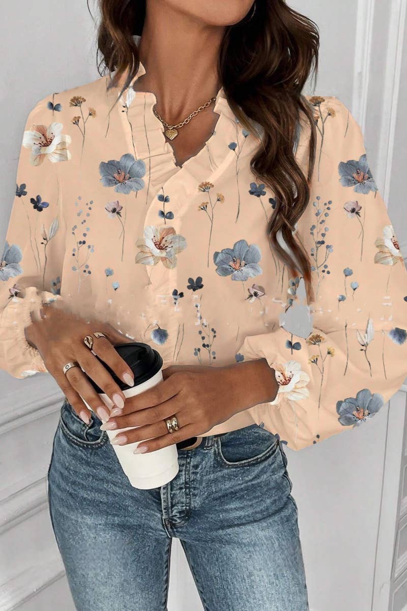 LONG-SLEEVED RUFFLED V-NECK PRINTED COMMUTER TOP: White / (L)