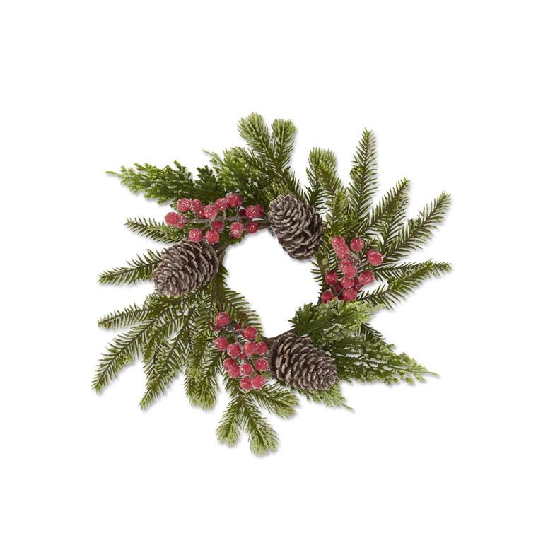 Glittered Icy Mixed Pine Candle Ring w/Red Berries & Pinecones - 13 Inch
