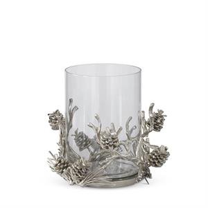 Glass Hurricanes w/Silver Metal Pinecone & Twig Base