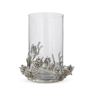 Glass Hurricanes w/Silver Metal Pinecone & Twig Base