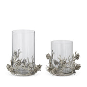 Glass Hurricanes w/Silver Metal Pinecone & Twig Base