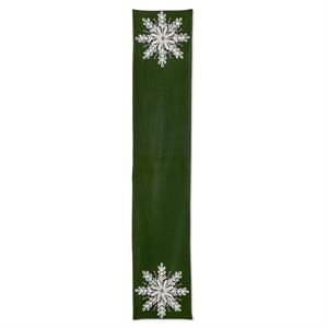 72 Inch Green Wool Table Runner w/White Beaded Snowflake Applique