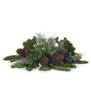 Mixed Pine & Pinecones Candle Ring w/Glass Hurricane - 16 Inch