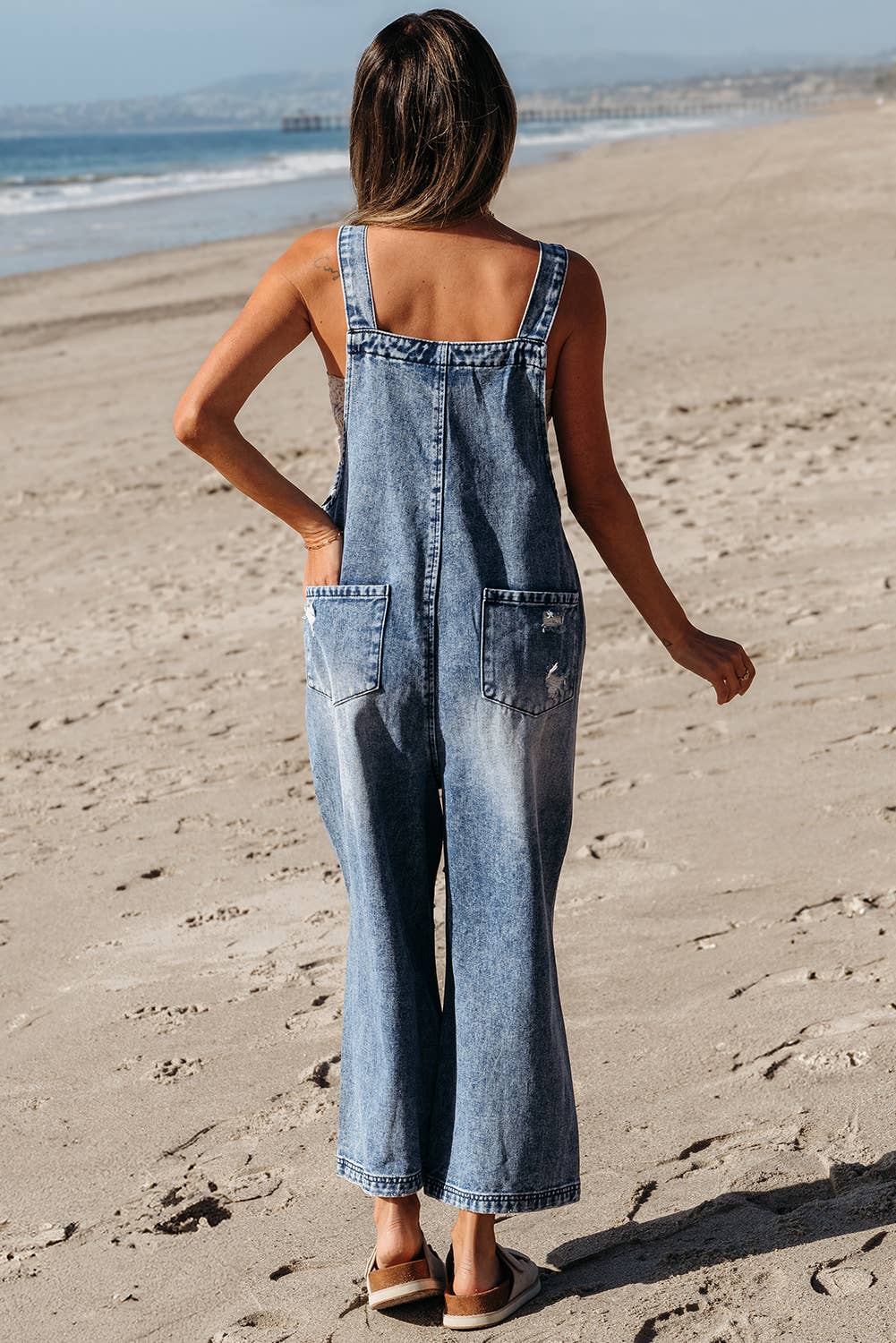 Distressed Pocketed Wide Leg Capri Denim Overall | 2 Colors: Stone Blue / M