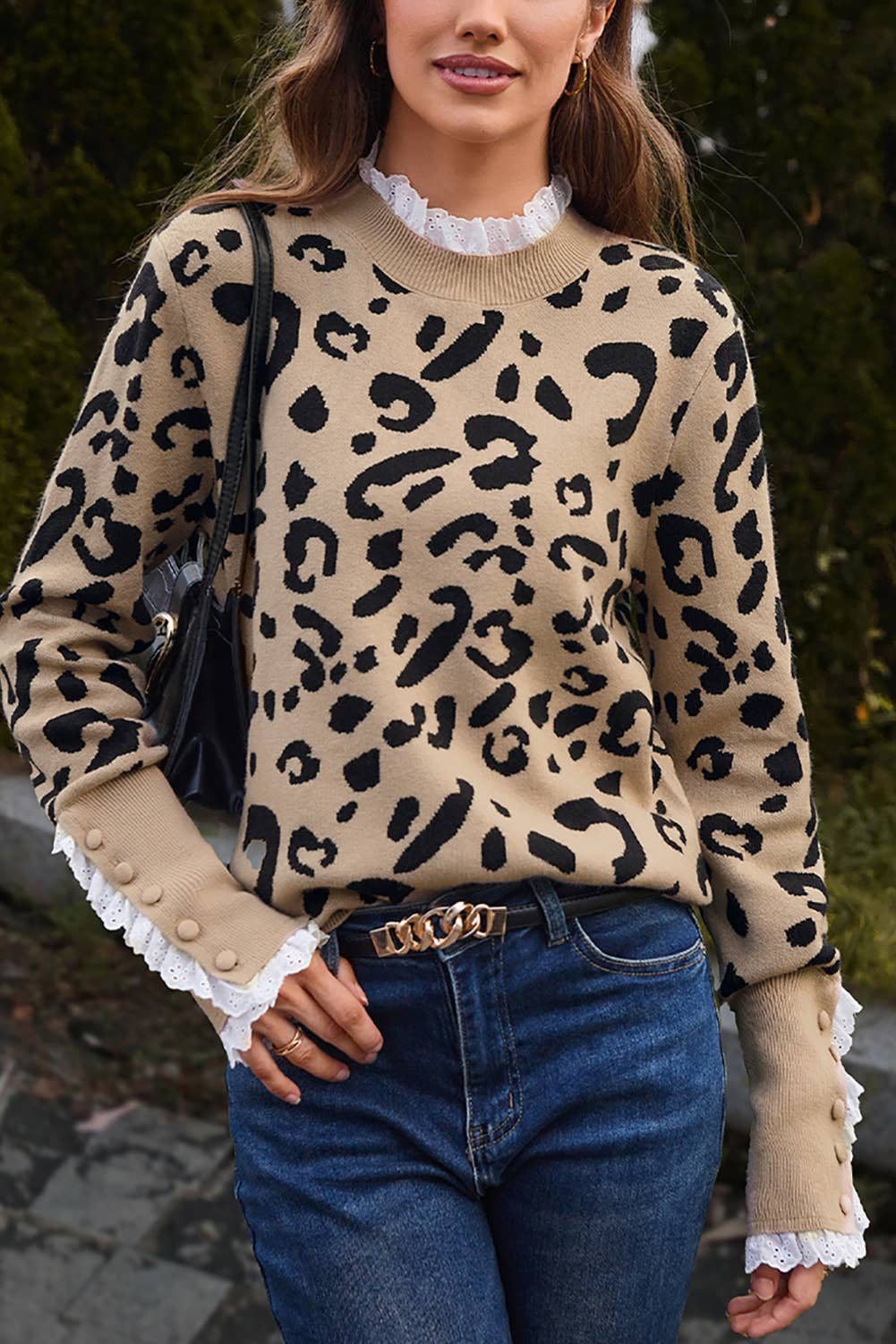 Leopard Lace Ribbed Button Cuff Sweater | S-XL: As shown / Missy / L