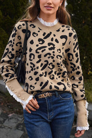 Leopard Lace Ribbed Button Cuff Sweater | S-XL: As shown / Missy / XL
