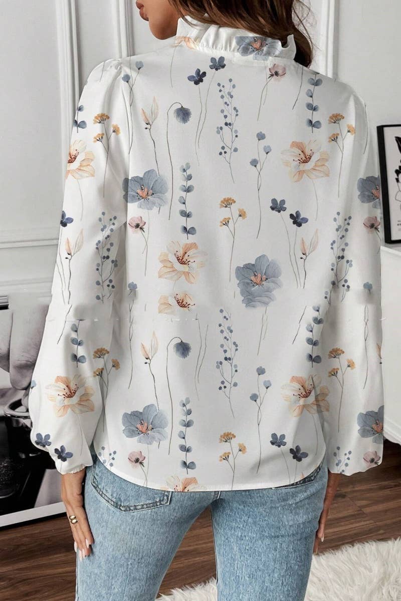 LONG-SLEEVED RUFFLED V-NECK PRINTED COMMUTER TOP: White / (L)