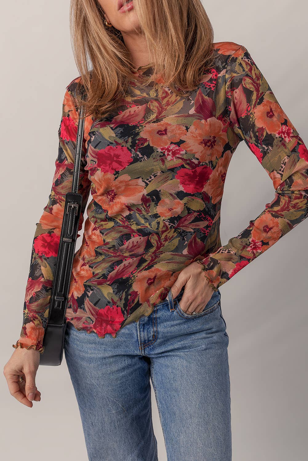 Floral Print Lettuce Trim Long Sleeve Mesh Top | S-XL: As shown / Missy / S