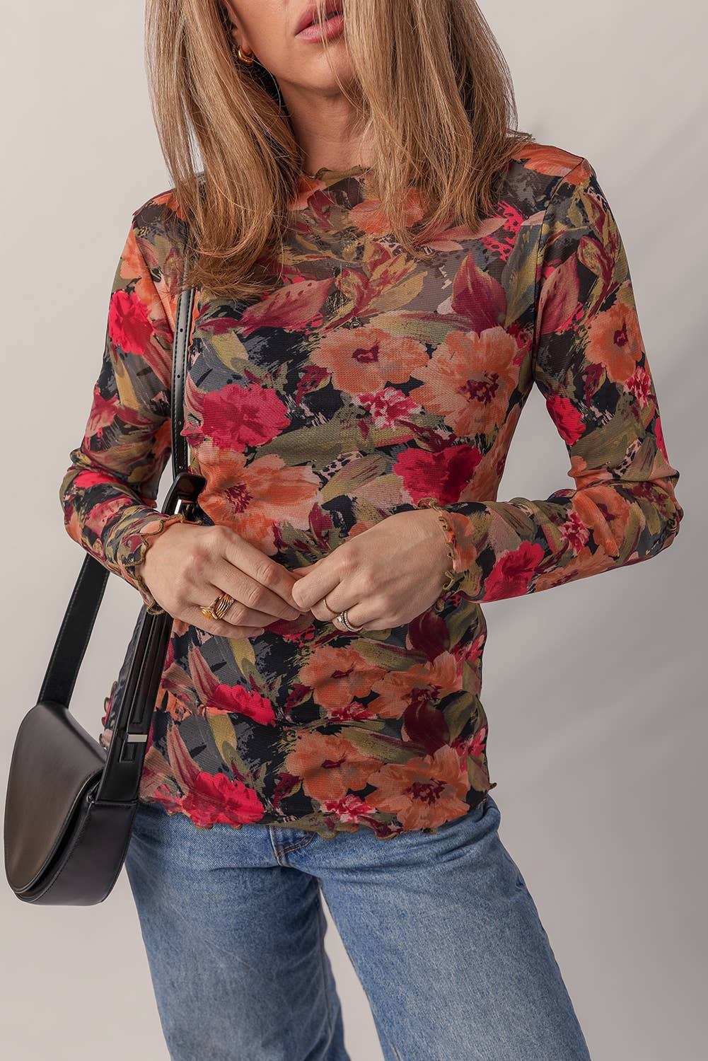 Floral Print Lettuce Trim Long Sleeve Mesh Top | S-XL: As shown / Missy / M