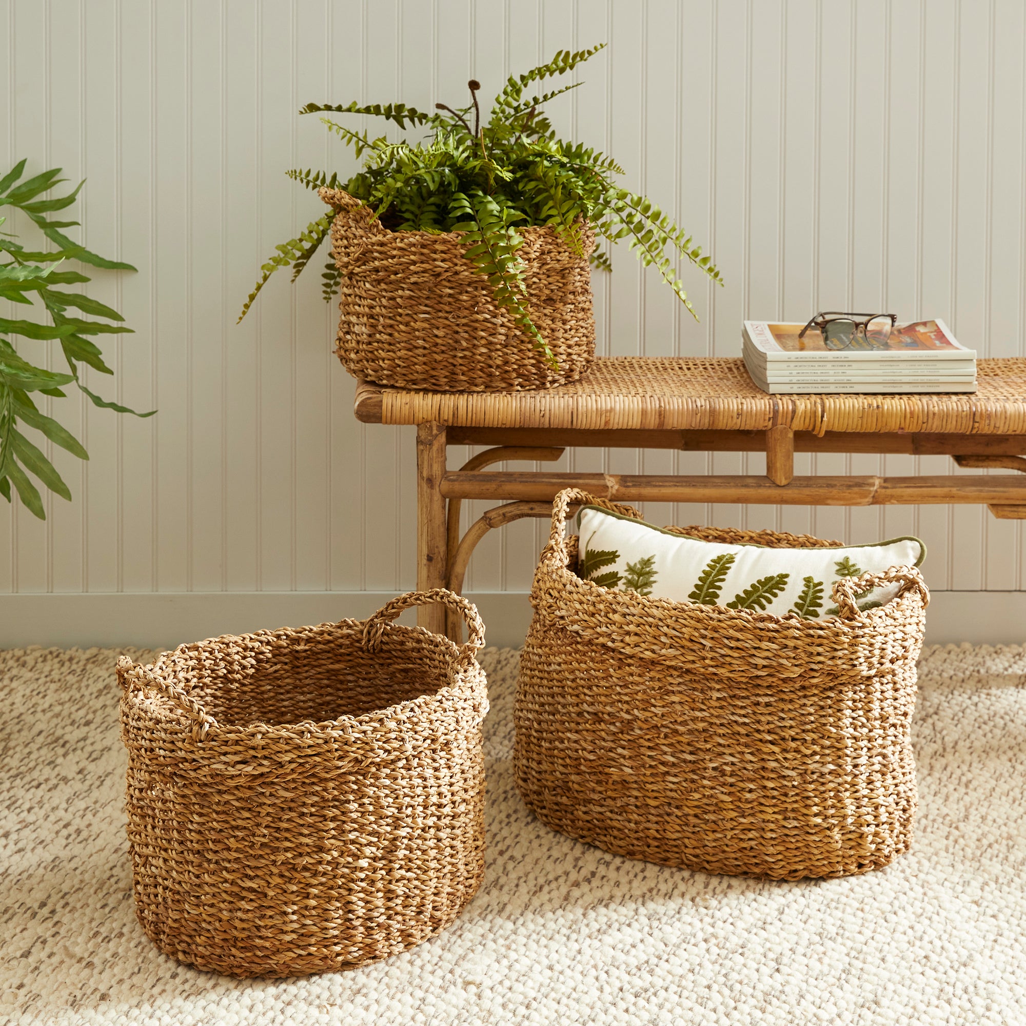 Seagrass Oval Baskets With Handles & Cuffs, Set Of 3