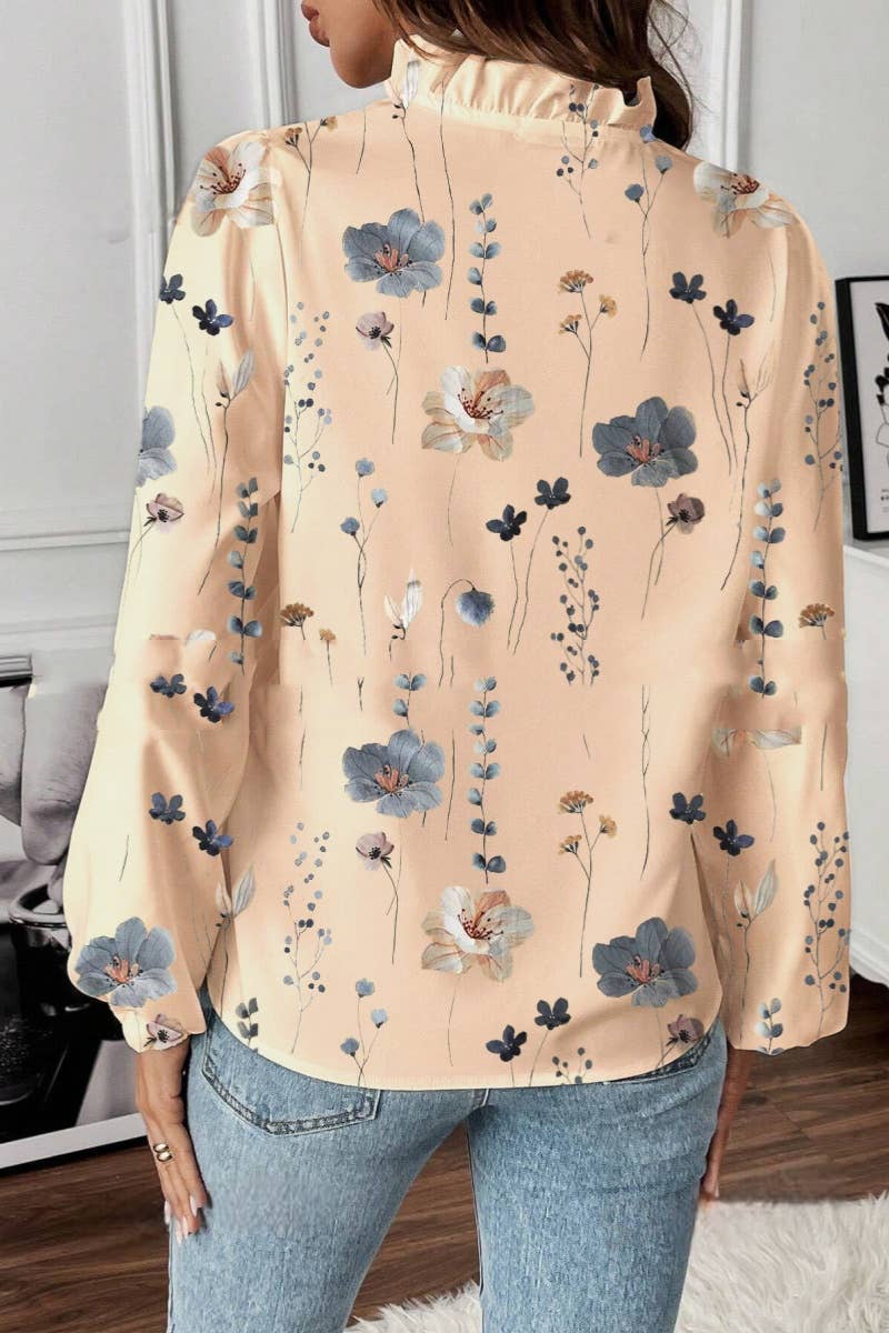LONG-SLEEVED RUFFLED V-NECK PRINTED COMMUTER TOP: White / (L)