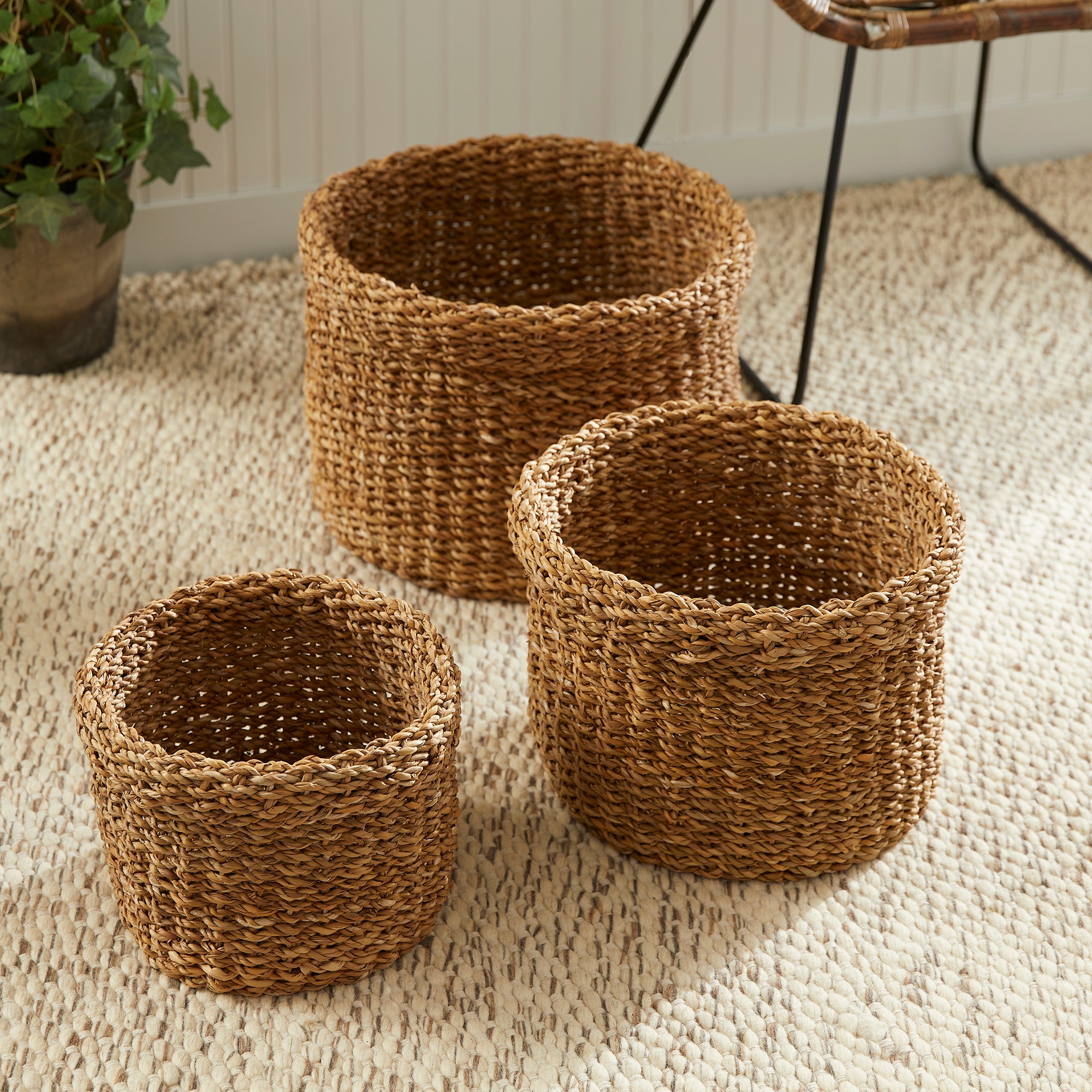 SEAGRASS ROUND BASKETS WITH CUFFS, SET OF 3