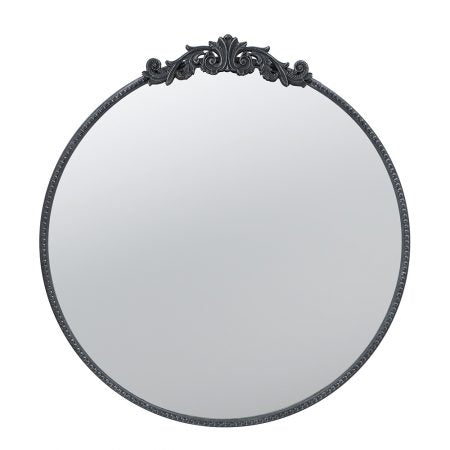 Small Round Mirror with Adornments, Black, 30x32"