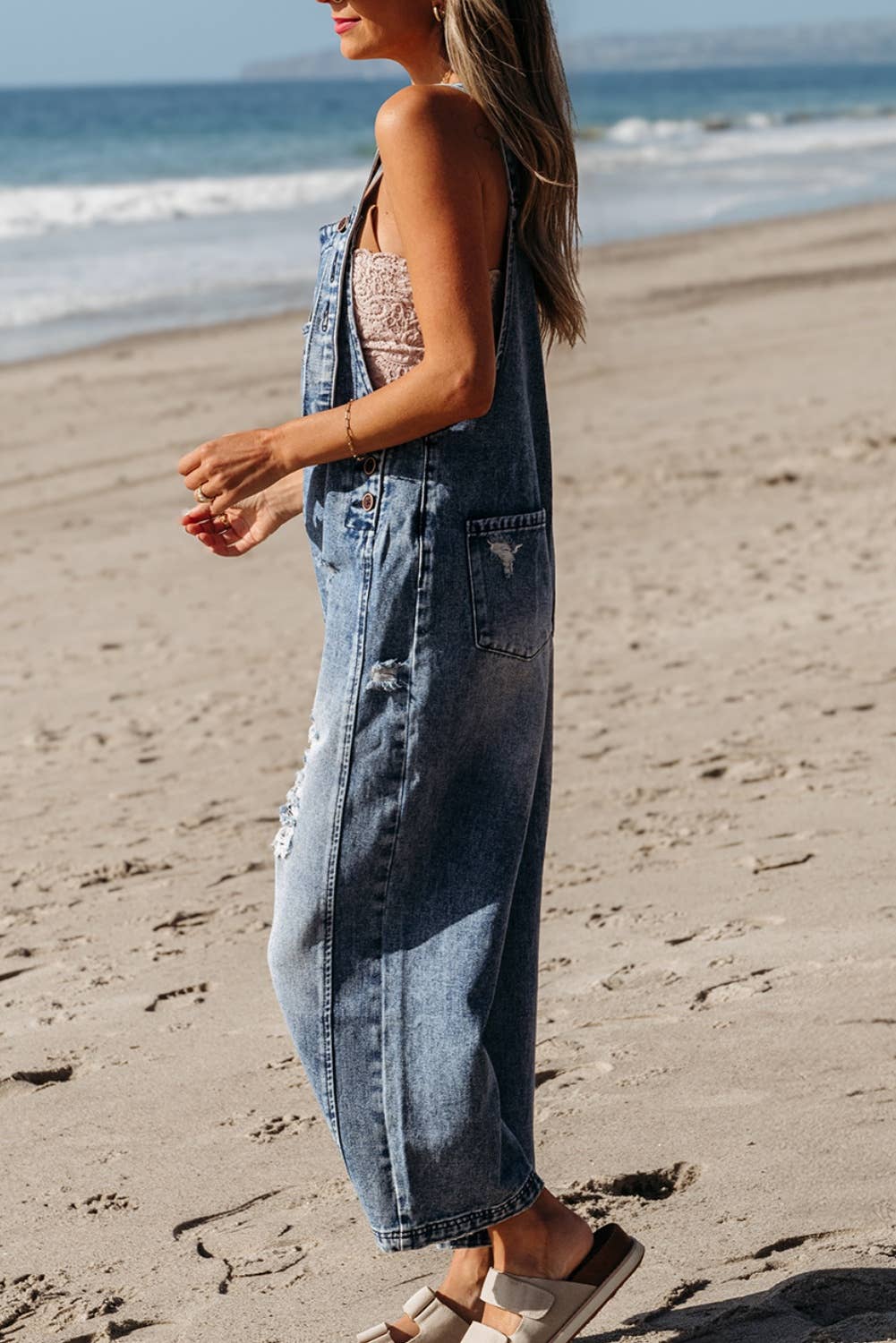 Distressed Pocketed Wide Leg Capri Denim Overall | 2 Colors: Stone Blue / M