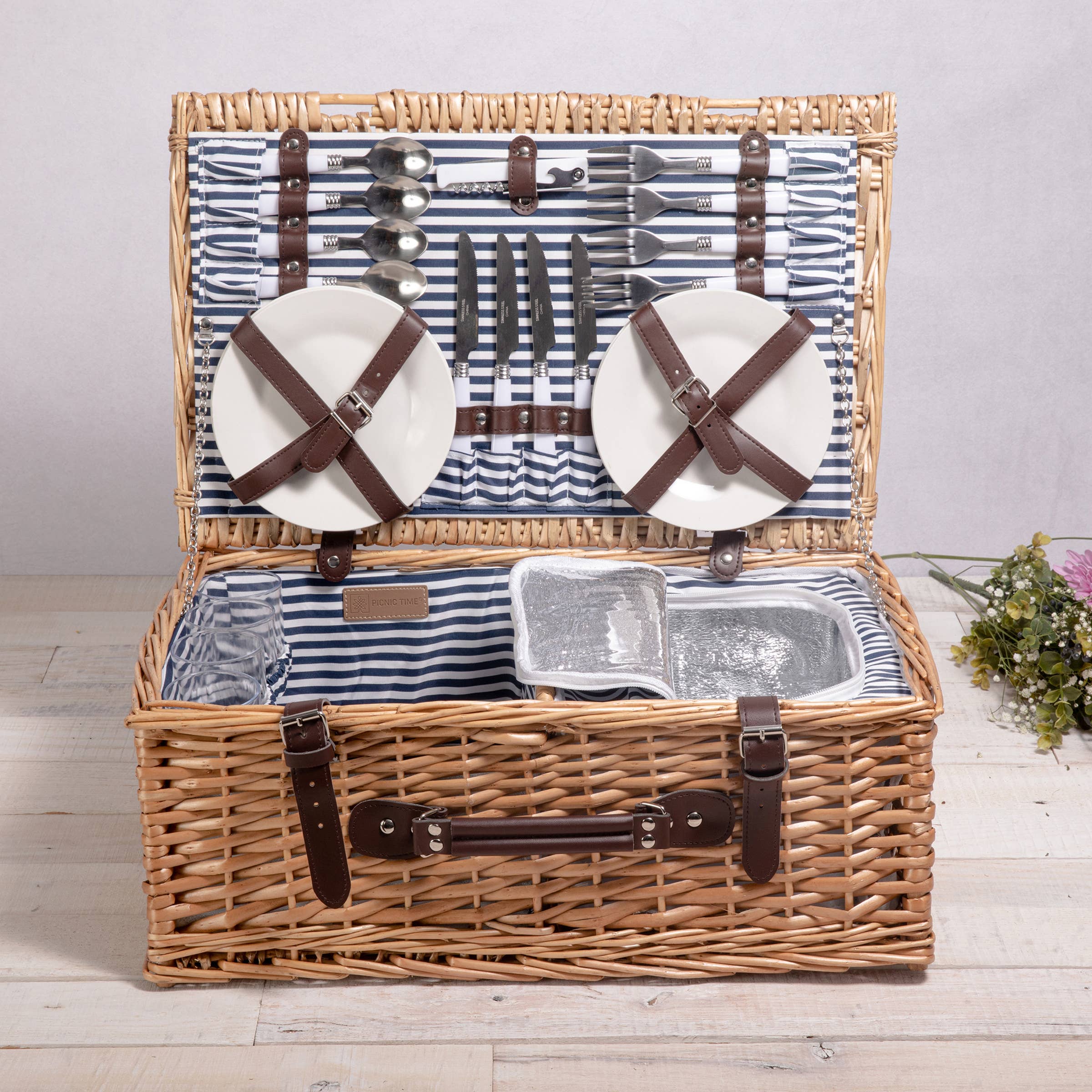 Belmont Picnic Basket: Navy Blue & White Stripe
