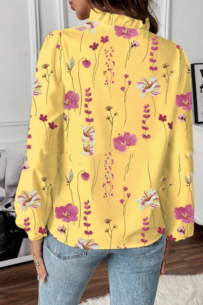 LONG-SLEEVED RUFFLED V-NECK PRINTED COMMUTER TOP: White / (S)