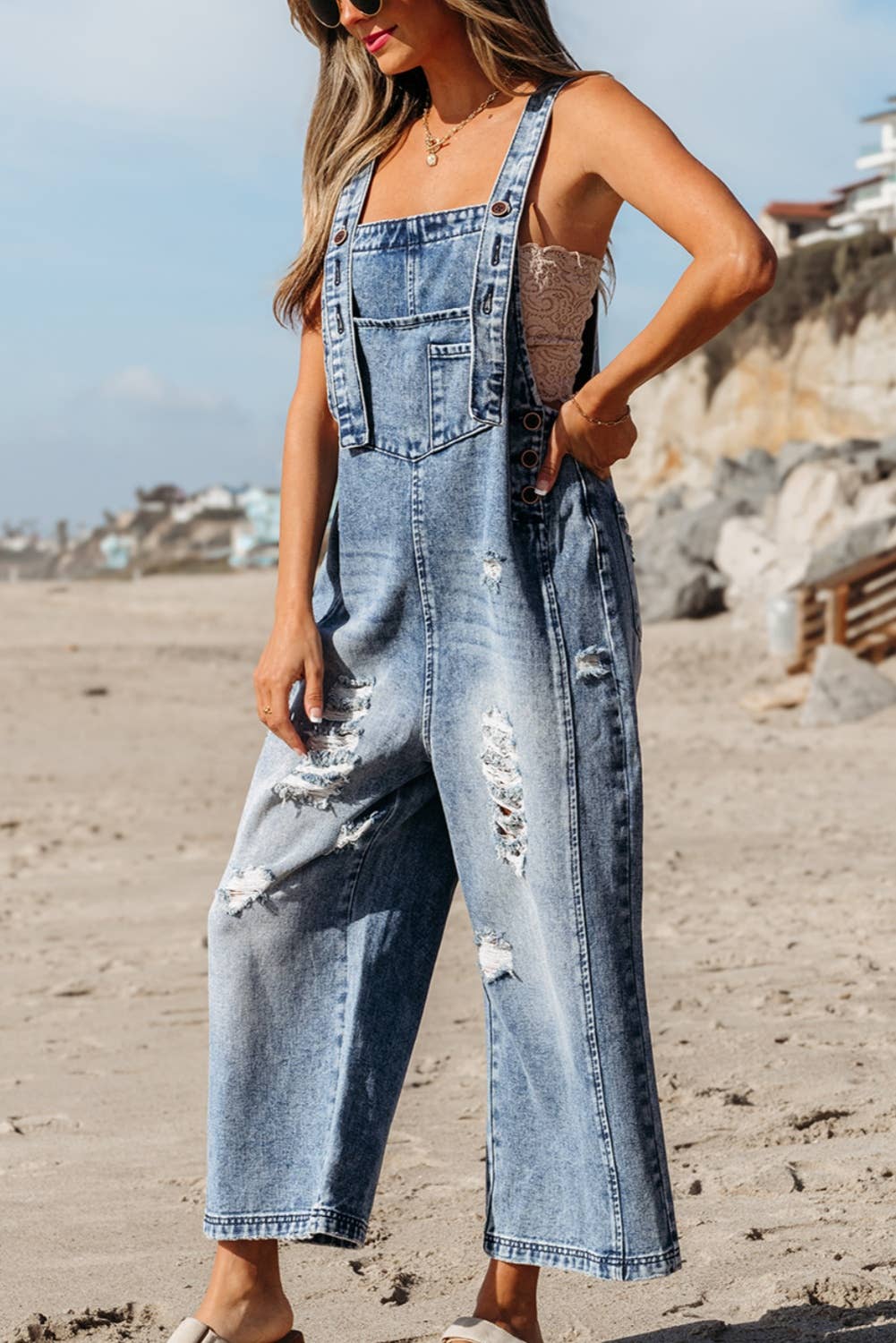 Distressed Pocketed Wide Leg Capri Denim Overall | 2 Colors: Stone Blue / M
