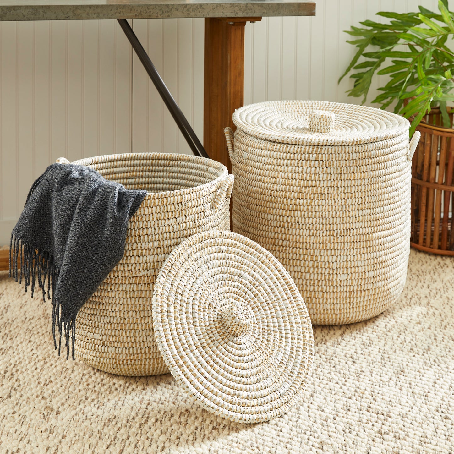 RIVERGRASS HAMPER BASKETS WITH LIDS, SET OF 2