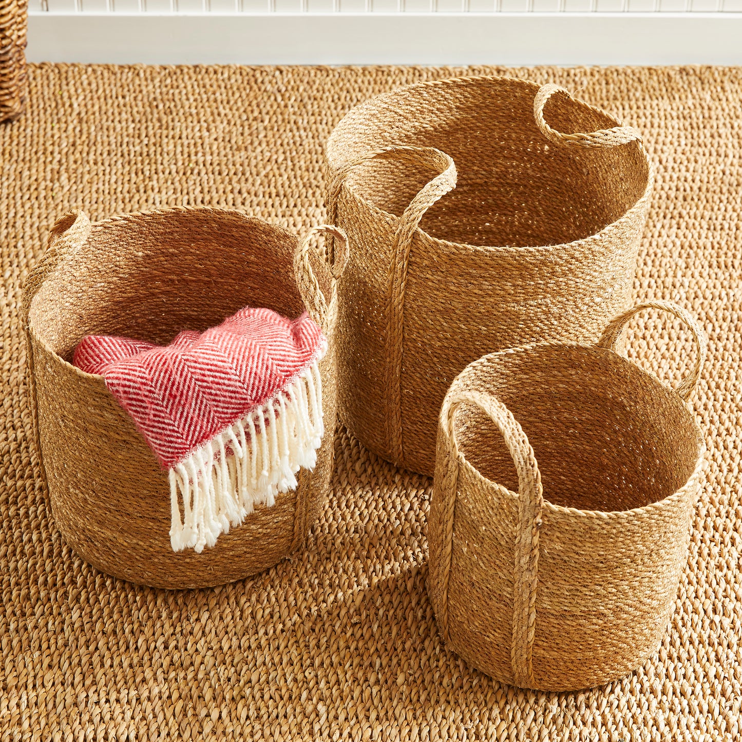SEAGRASS ROUND BASKETS WITH LONG HANDLES, SET OF 3