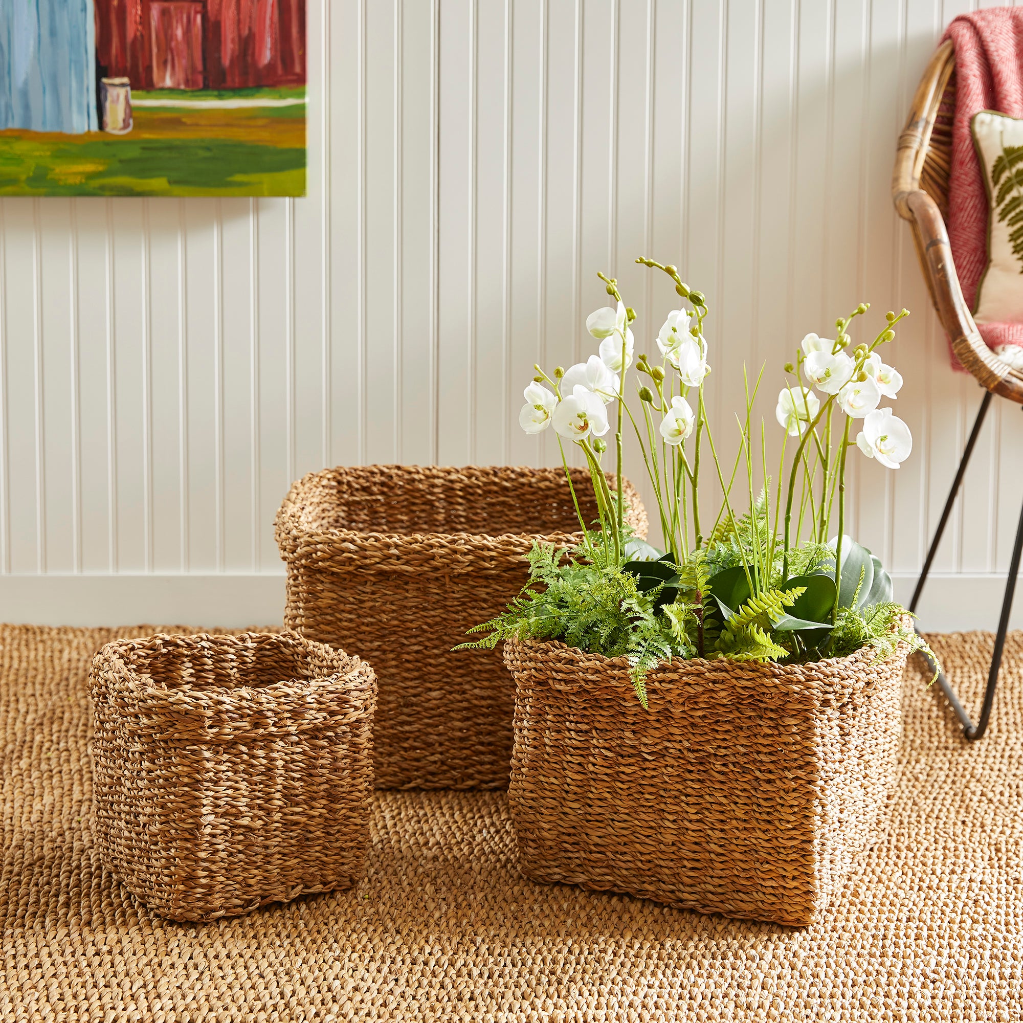 SEAGRASS SQUARE BASKETS WITH CUFFS, SET OF 3