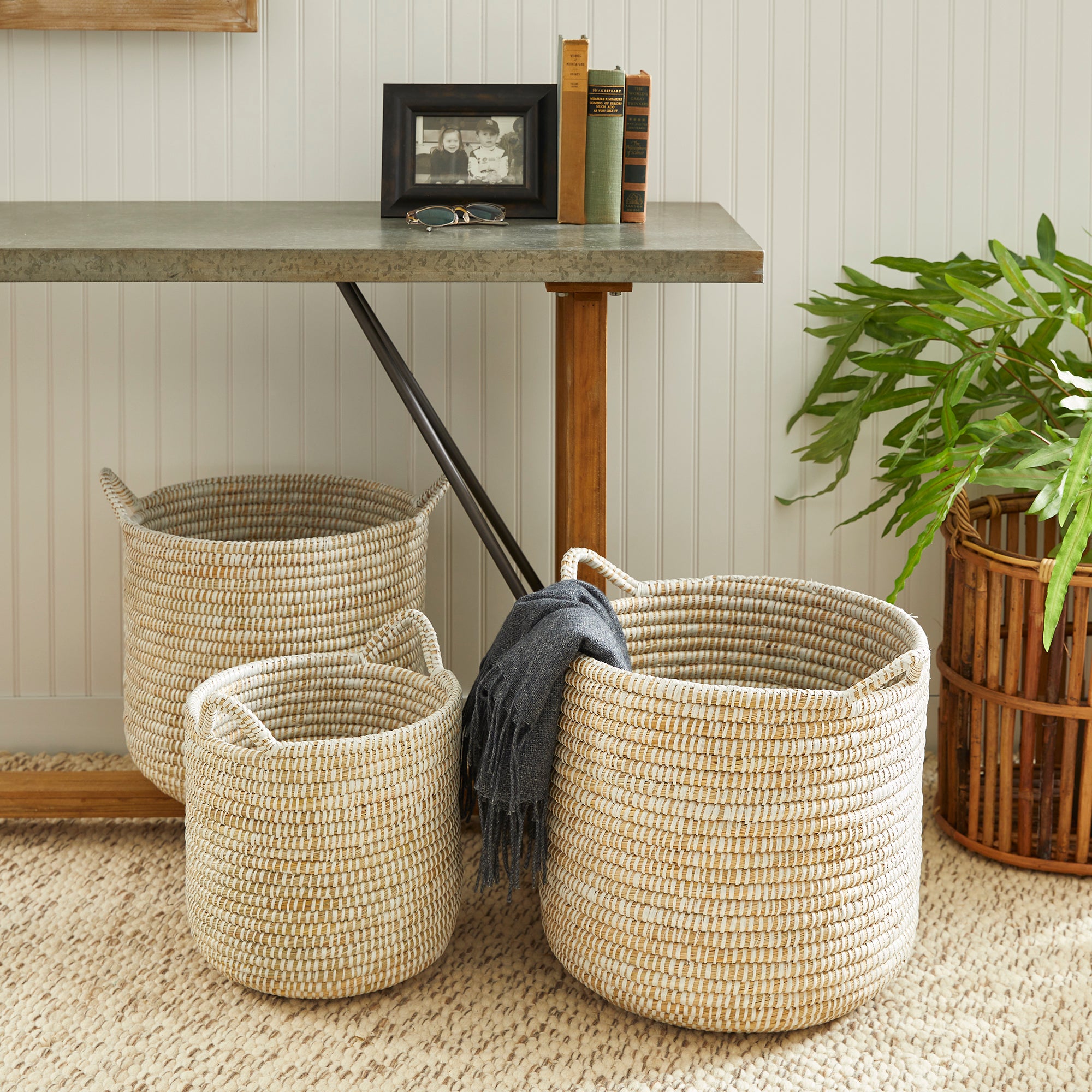 RIVERGRASS ROUND BASKETS WITH HANDLES, SET OF 3
