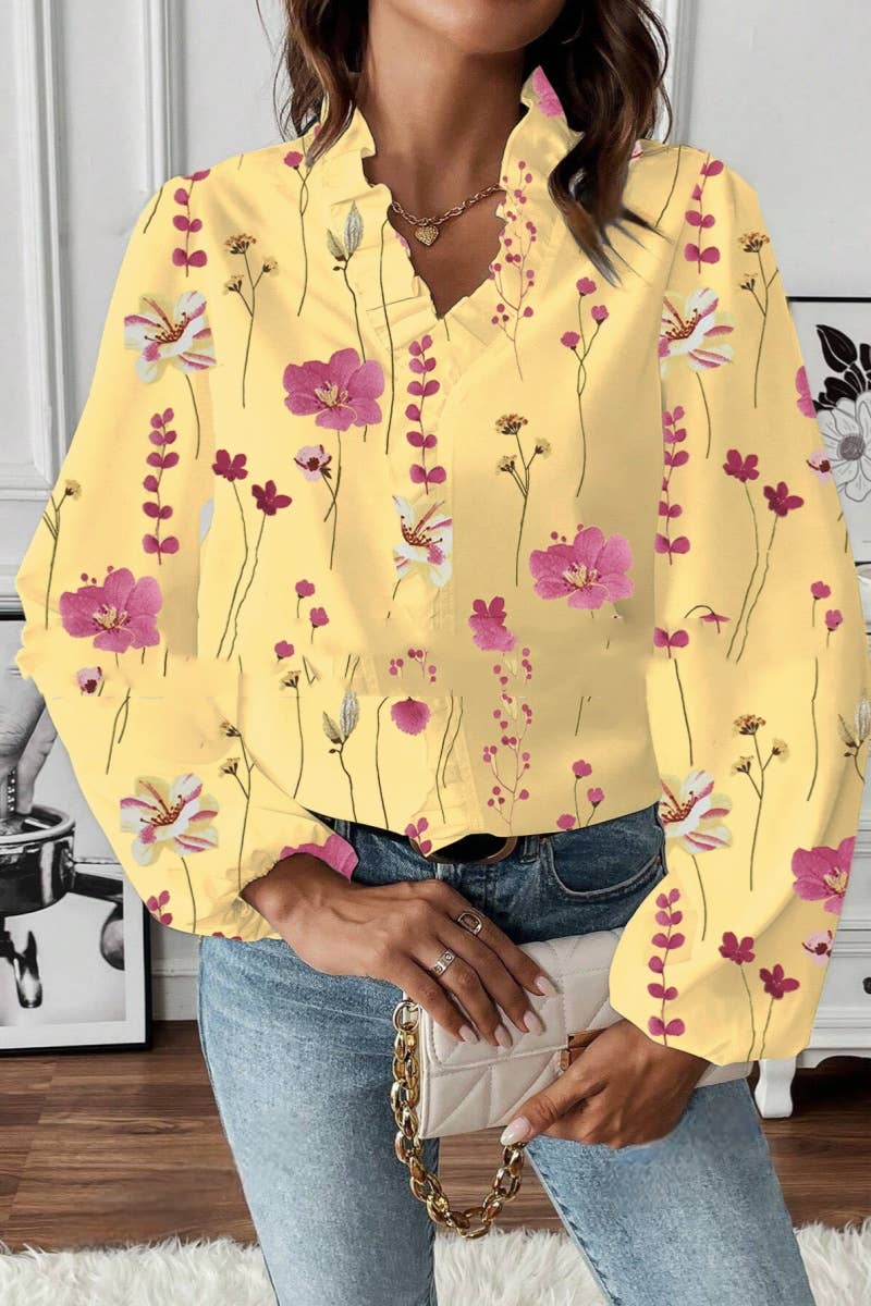 LONG-SLEEVED RUFFLED V-NECK PRINTED COMMUTER TOP: White / (L)