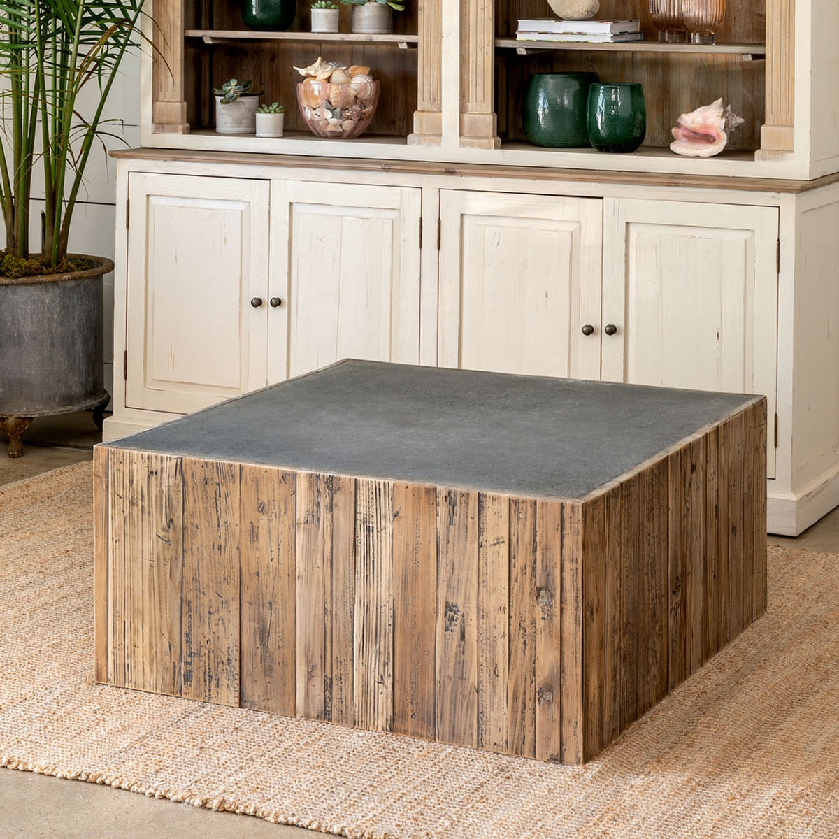 Aged Zinc Top Platform Coffee Table | Industrial Rustic Living Room Table