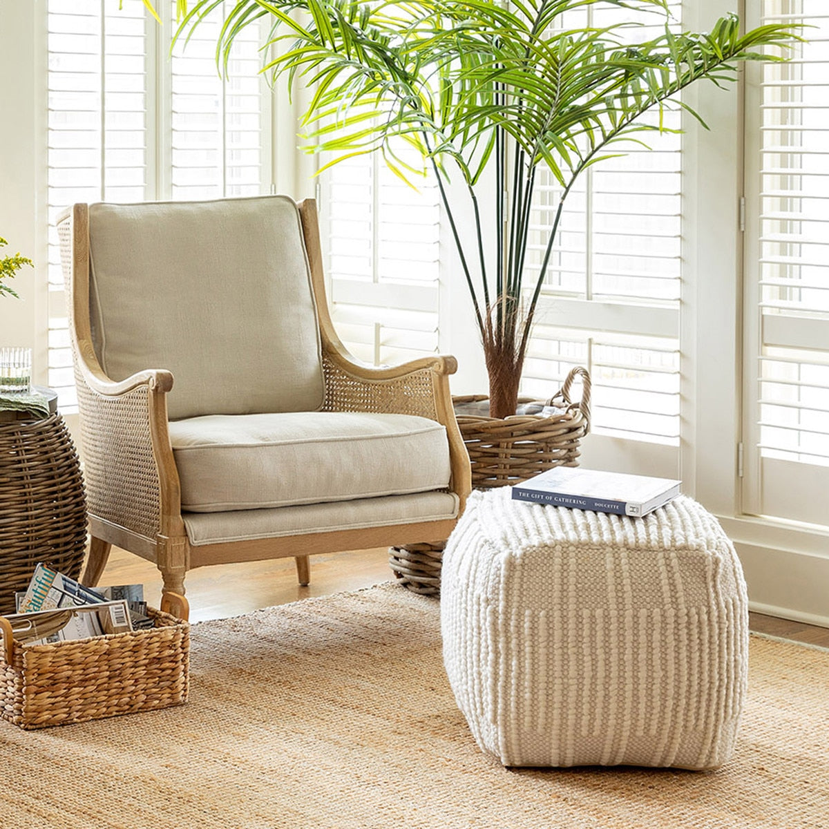 Indoor Outdoor Ardwick Pattern Pouf | Neutral Accent Seating