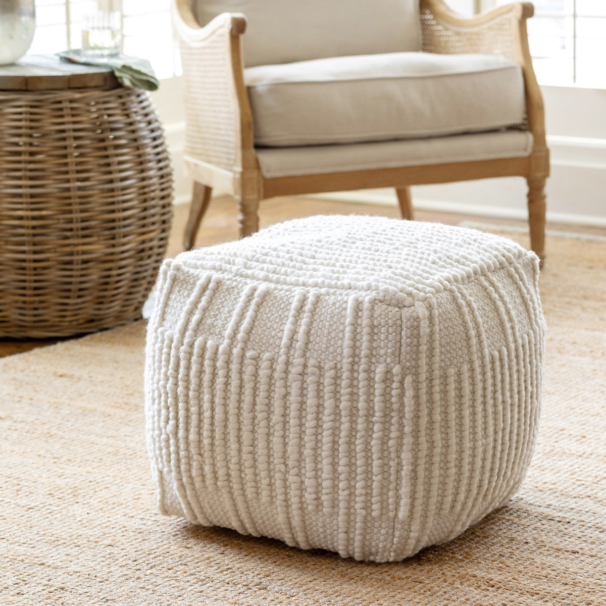 Indoor Outdoor Ardwick Pattern Pouf | Neutral Accent Seating