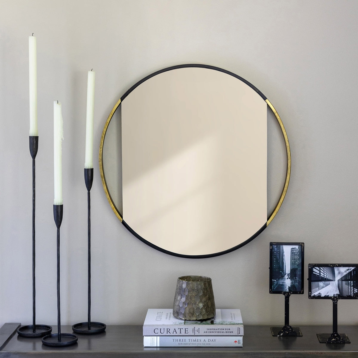 Clark Round Geo Mirror | Antique Gold Decorative Wall Accent, 2 Sizes