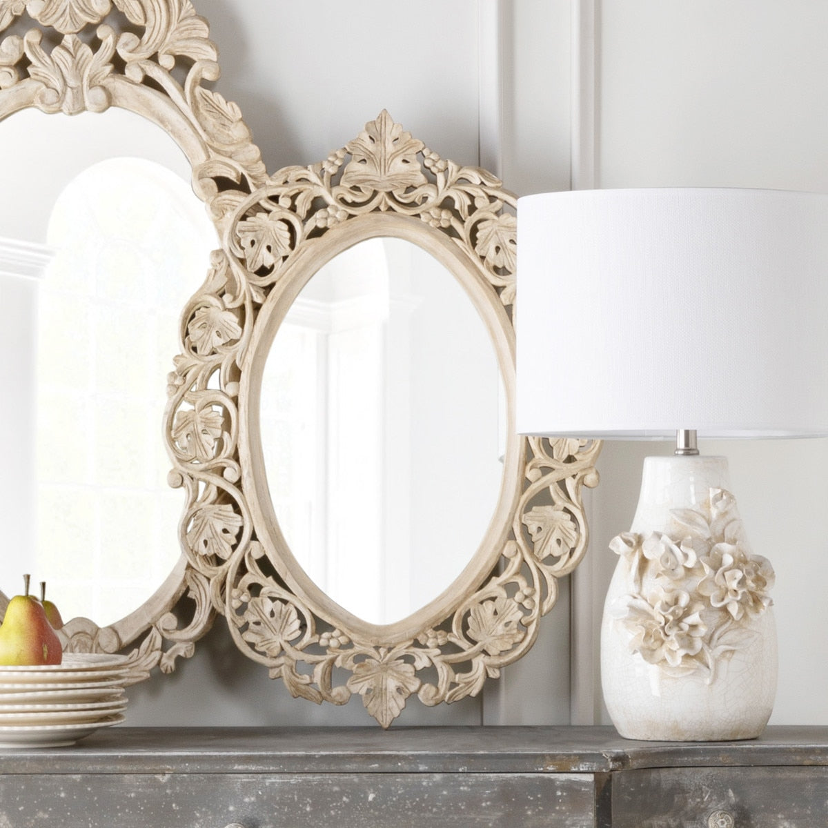 Vichy Hand Carved Wood Mirror | Distressed White Vintage Wall Accent