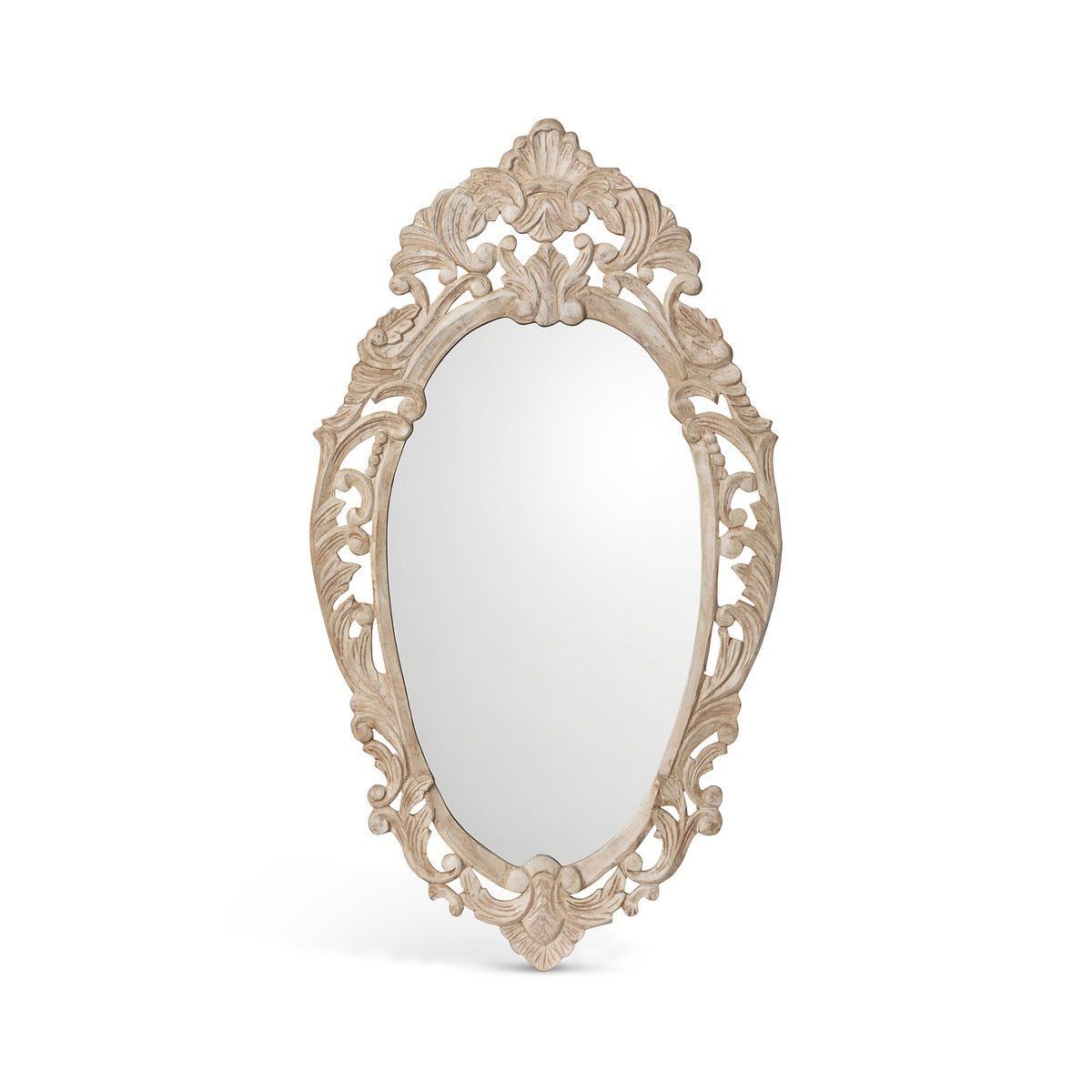 Auvergne Hand Carved Wood Mirror | Distressed White Wall Accent