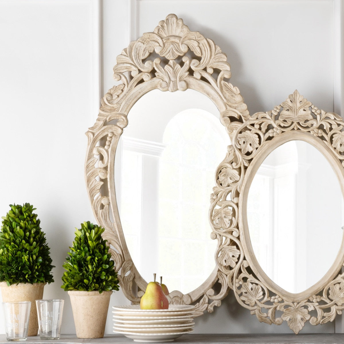 Auvergne Hand Carved Wood Mirror | Distressed White Wall Accent