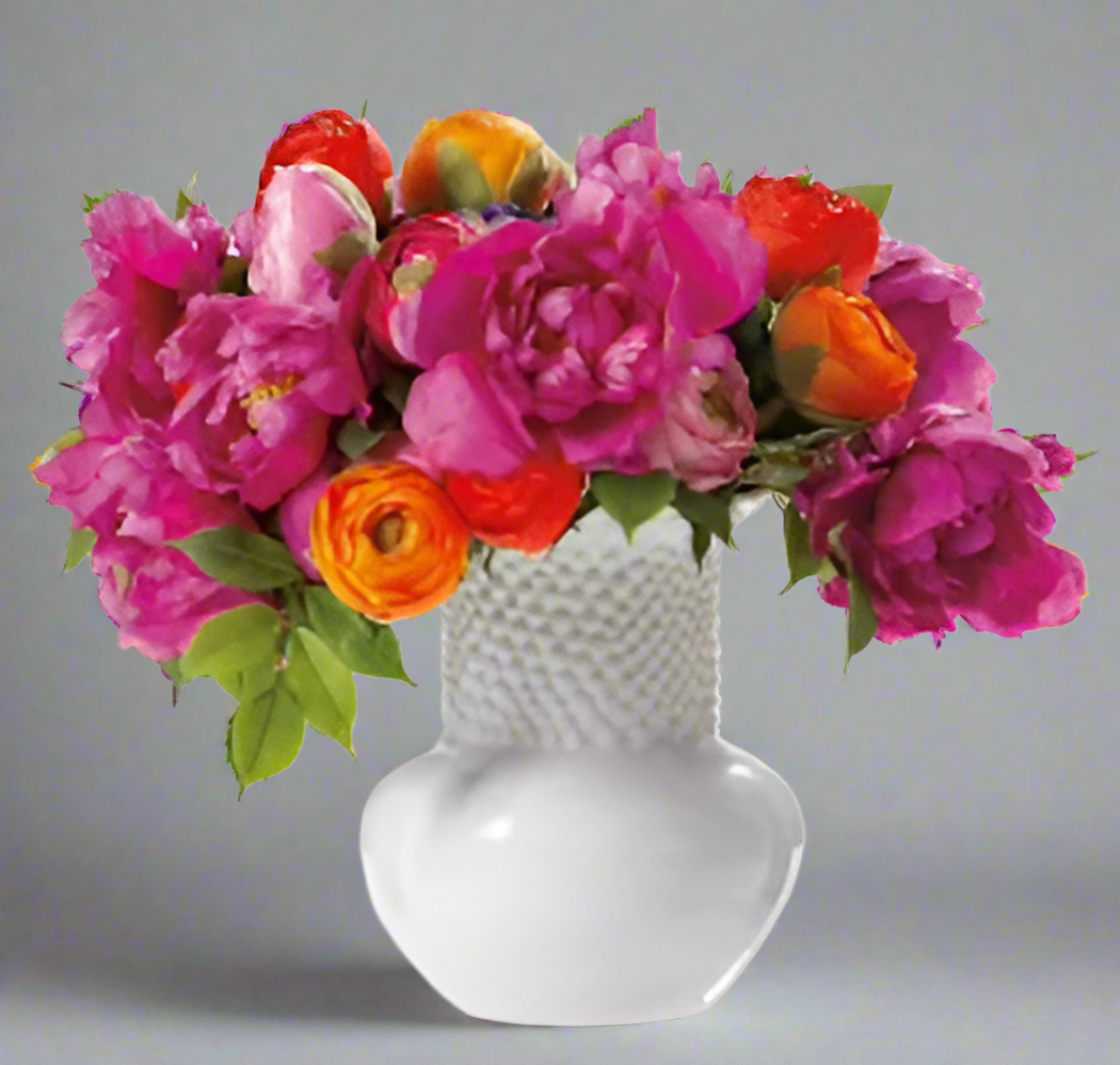 Vibrant Ranunculus & Peony Floral Arrangement in Ceramic Vase | Elegant Home Decor