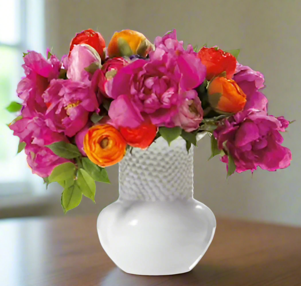 Vibrant Ranunculus & Peony Floral Arrangement in Ceramic Vase | Elegant Home Decor