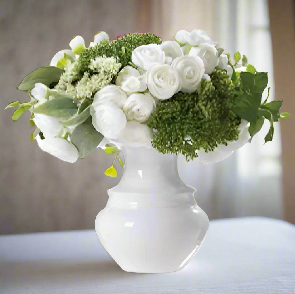 Elegant White Ranunculus & Queen Anne Lace Floral Arrangement in Ceramic Vase