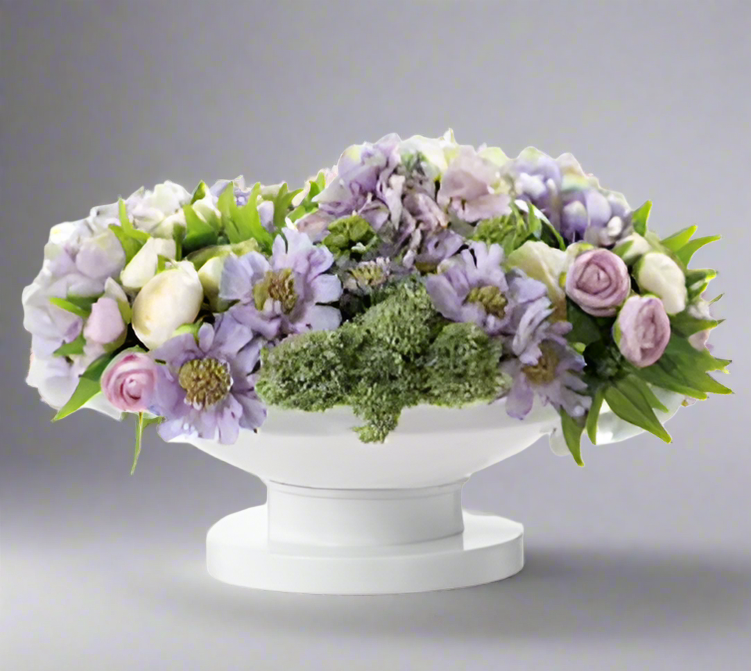 Lavender Ranunculus & Hydrangea Floral Arrangement in Cream Metal Urn | Elegant Home Decor