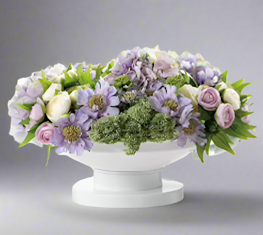 Lavender Ranunculus & Hydrangea Floral Arrangement in Cream Metal Urn | Elegant Home Decor