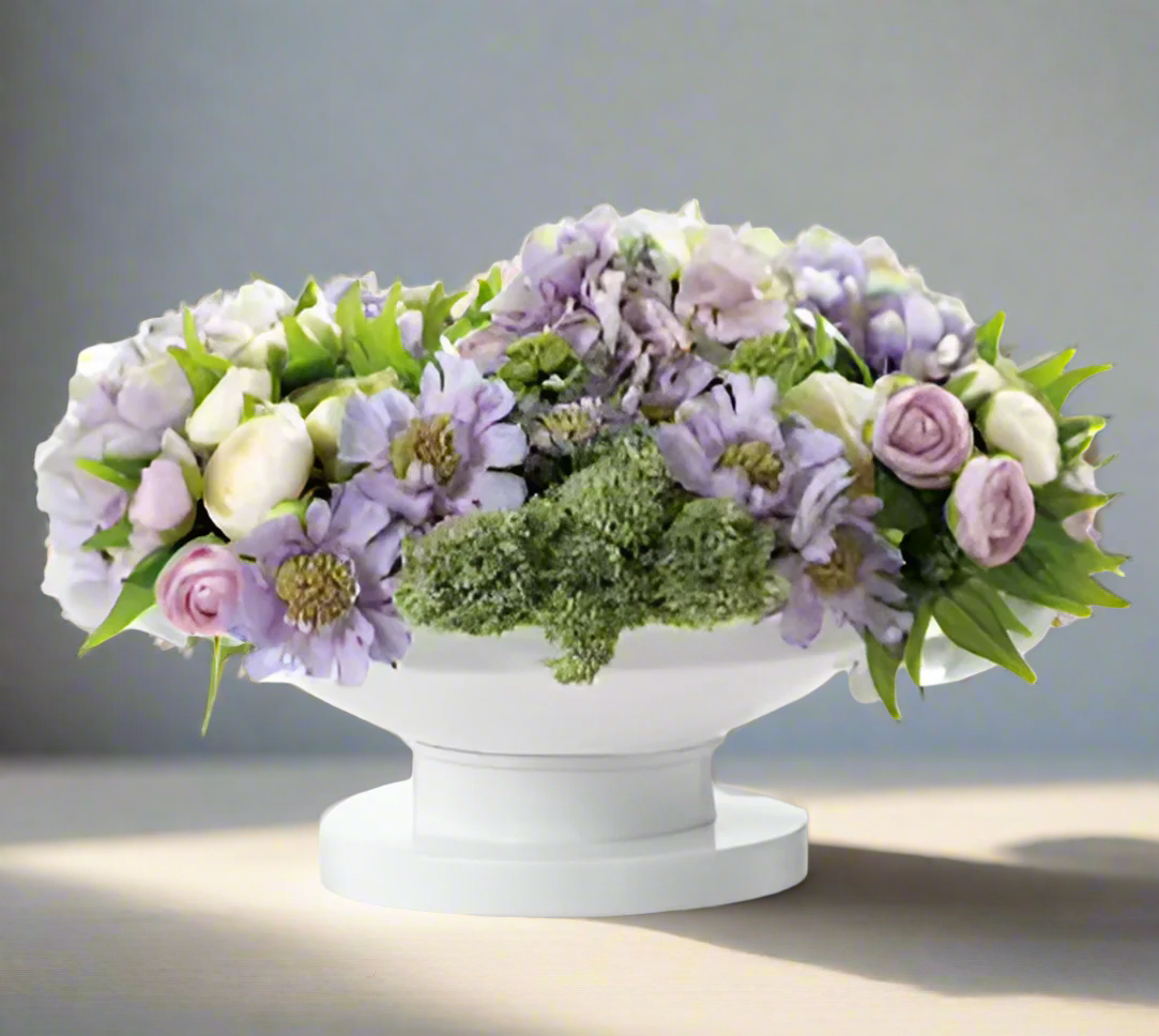 Lavender Ranunculus & Hydrangea Floral Arrangement in Cream Metal Urn | Elegant Home Decor