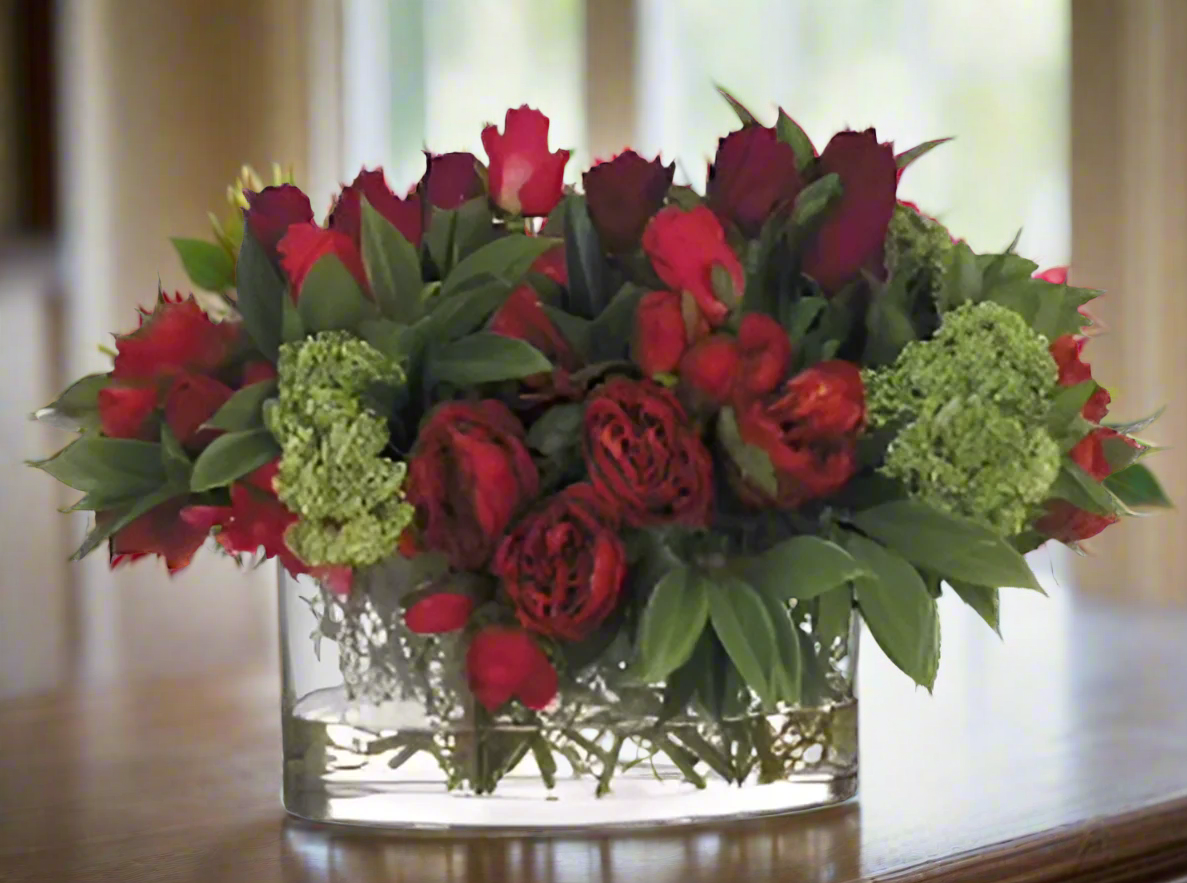 Elegant Red Rose & Dahlia Floral Arrangement in Oval Glass Vase | Home Decor