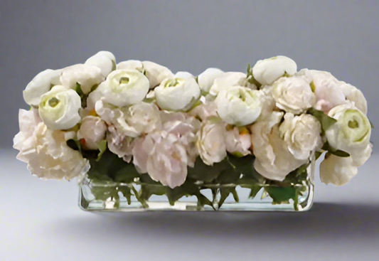 Elegant Peony & Rose Floral Arrangement in Glass Vase | White & Pink Home Decor