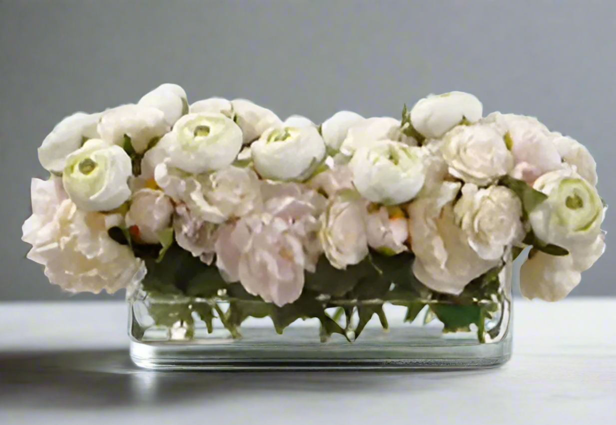 Elegant Peony & Rose Floral Arrangement in Glass Vase | White & Pink Home Decor