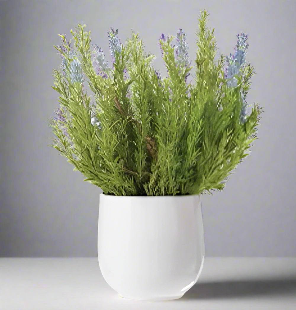 Lifelike Lavender & Greenery Arrangement in Ceramic Vase | Elegant Home Decor