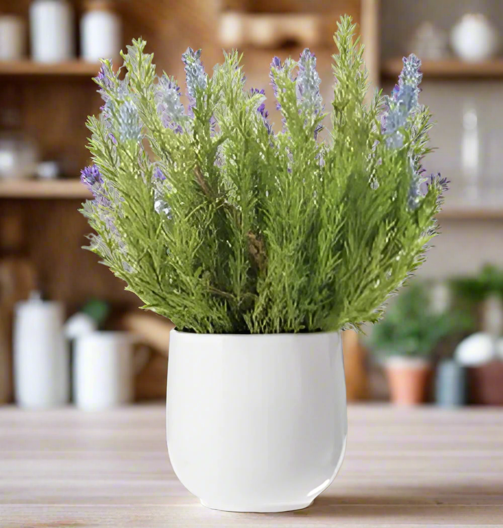 Lifelike Lavender & Greenery Arrangement in Ceramic Vase | Elegant Home Decor