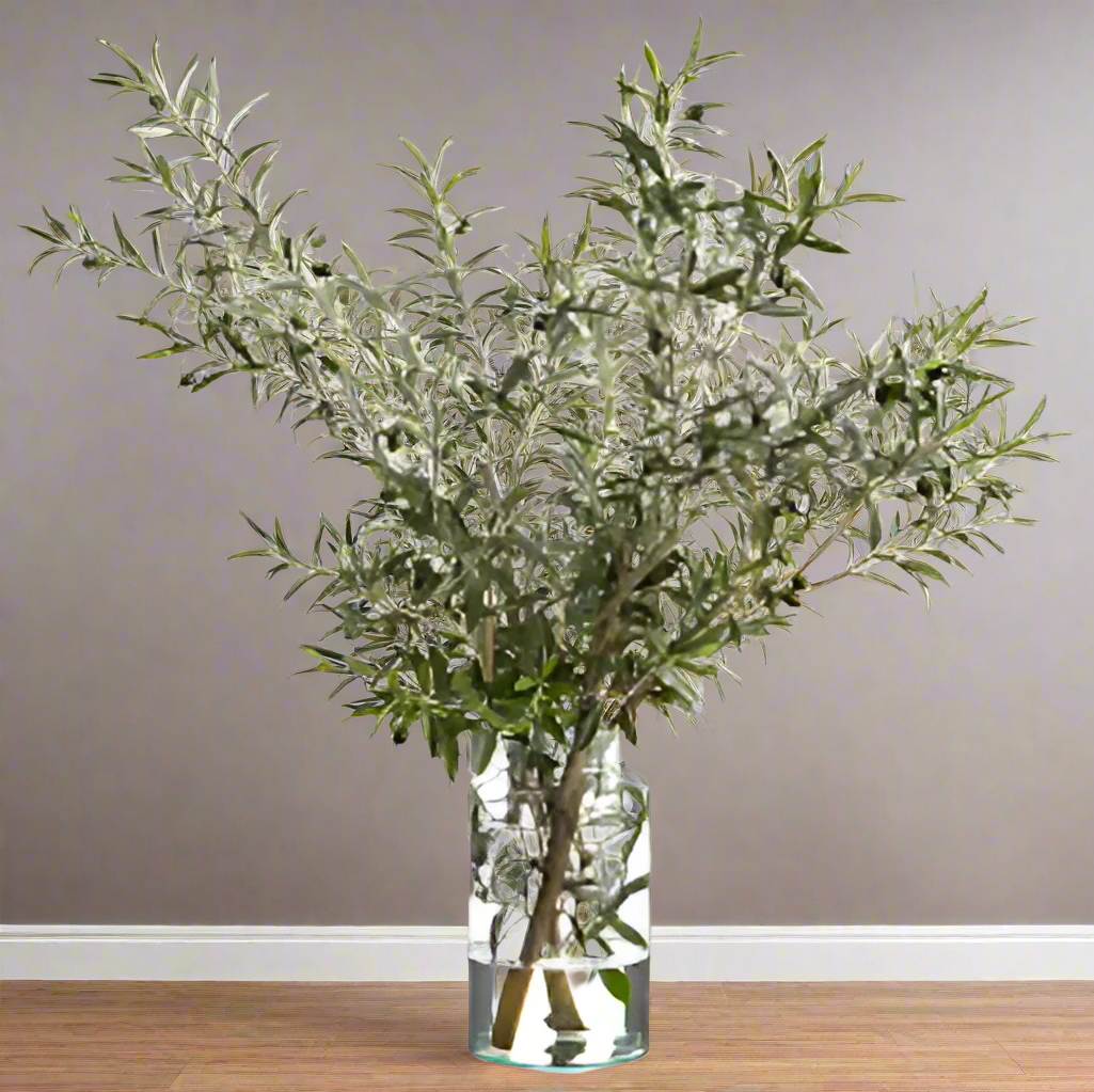 Elegant Olive Tree Branches in Glass Vase | Large Lifelike Floral Arrangement