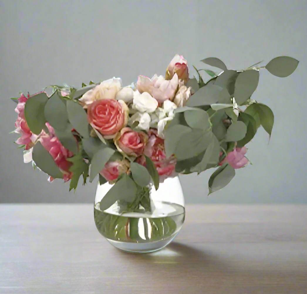 Elegant Peony & Rosemary Floral Arrangement in Glass Vase | Home Decor