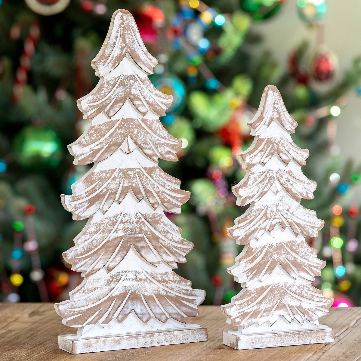 Wooden Carved Fir Tabletop Tree Set of 2 | Mango Wood Décor